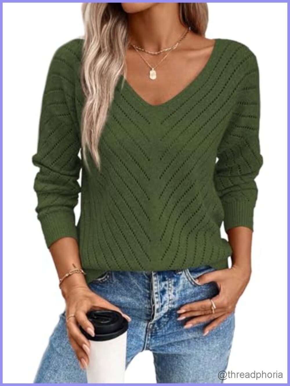 V Neck Long Sleeve Knit Hollow Out Crochet Sweater Loose Fit Fall